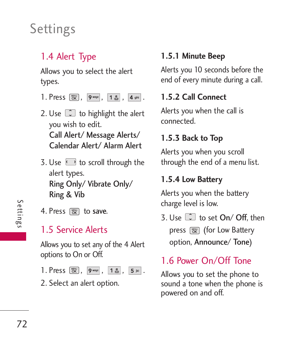 Settings, 4 alert type, 5 service alerts | 6 power on/off tone | LG BANTER UX265G User Manual | Page 74 / 124