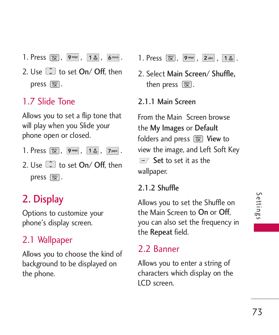 Display, 7 slide tone, 1 wallpaper | 2 banner | LG BANTER UX265G User Manual | Page 75 / 124