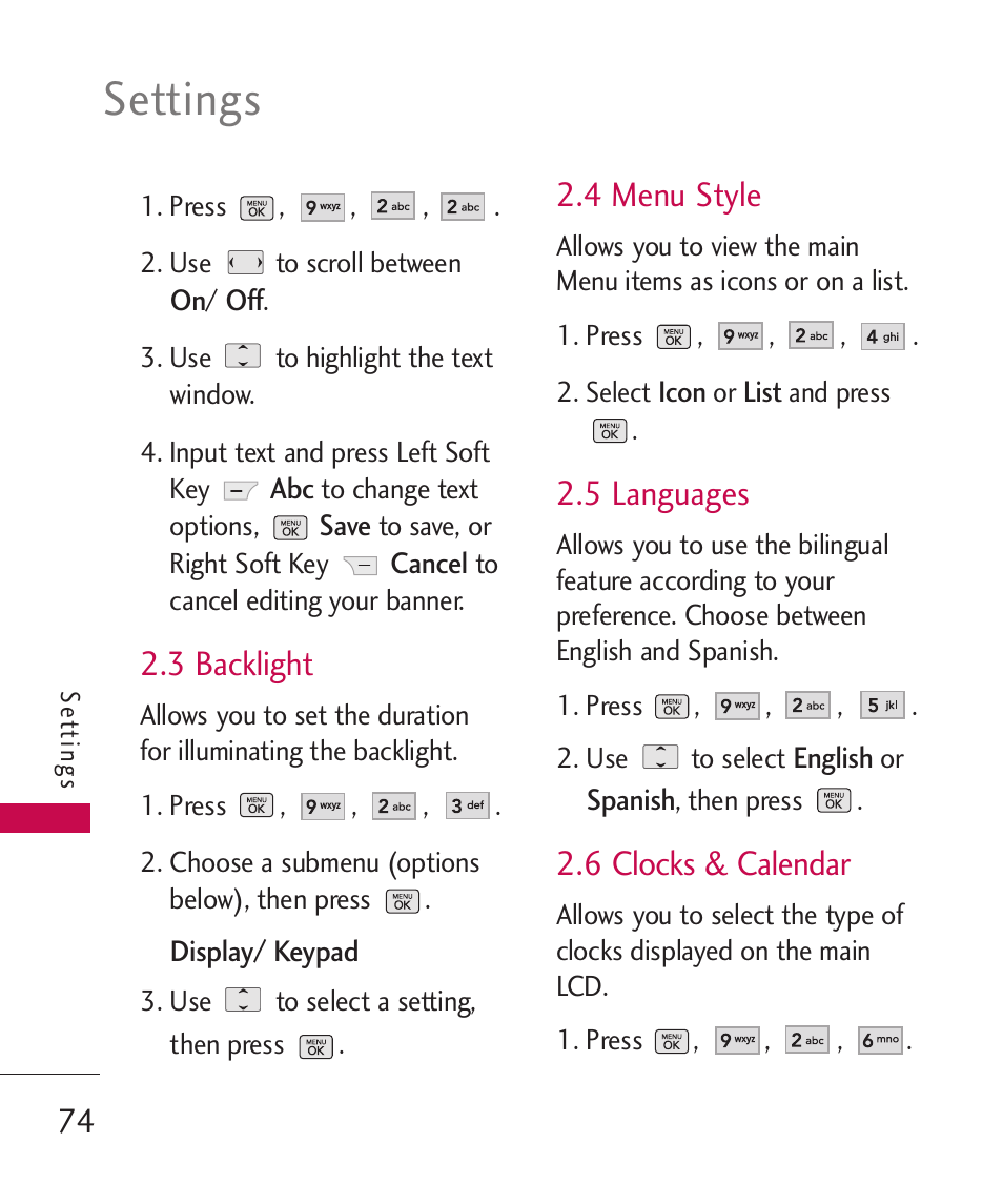 Settings, 3 backlight, 4 menu style | 5 languages, 6 clocks & calendar | LG BANTER UX265G User Manual | Page 76 / 124