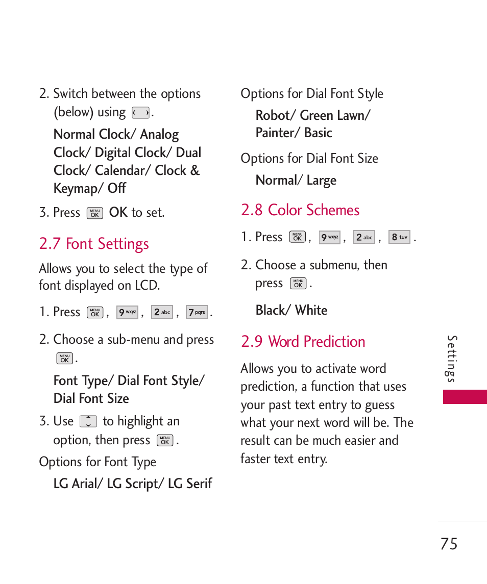 7 font settings, 8 color schemes, 9 word prediction | LG BANTER UX265G User Manual | Page 77 / 124