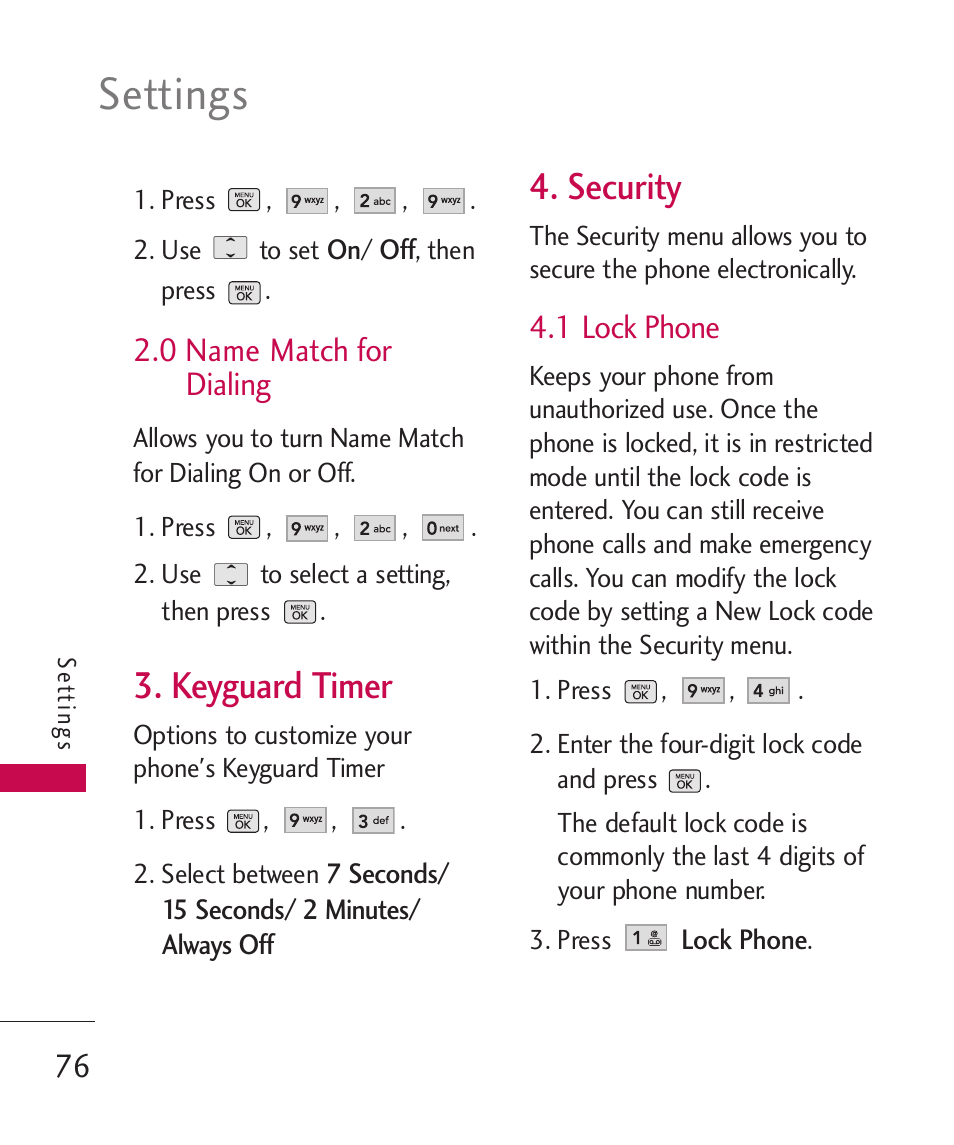 Settings, Keyguard timer, Security | 0 name match for dialing, 1 lock phone | LG BANTER UX265G User Manual | Page 78 / 124