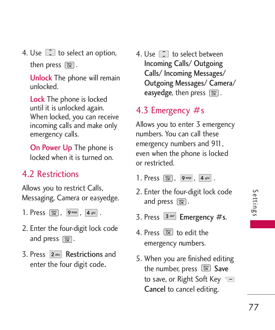 2 restrictions, 3 emergency #s | LG BANTER UX265G User Manual | Page 79 / 124