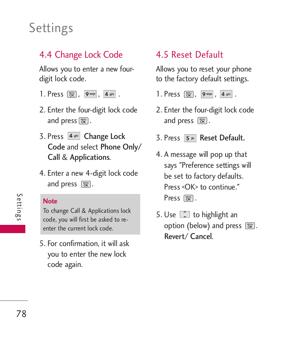 Settings, 4 change lock code, 5 reset default | LG BANTER UX265G User Manual | Page 80 / 124