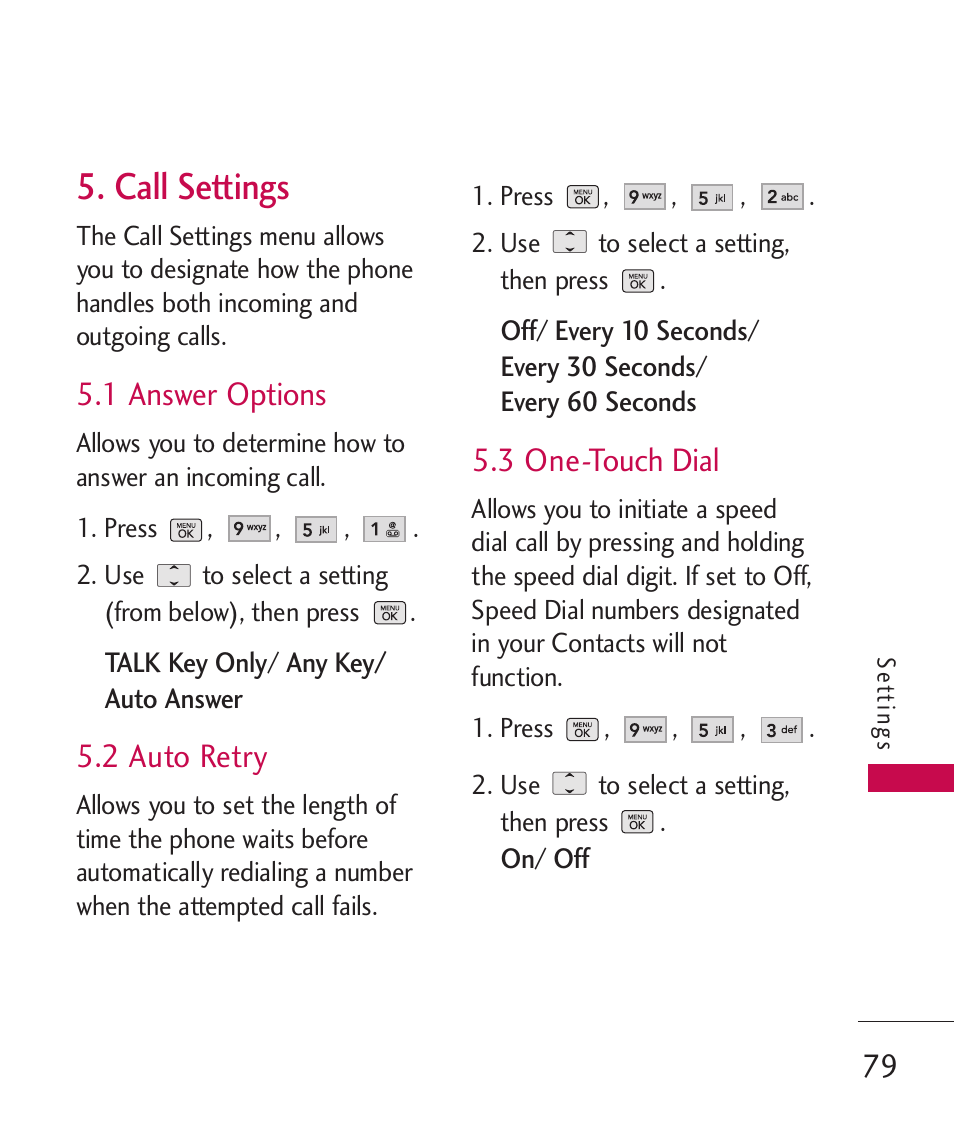 Call settings, 1 answer options, 2 auto retry | 3 one-touch dial | LG BANTER UX265G User Manual | Page 81 / 124