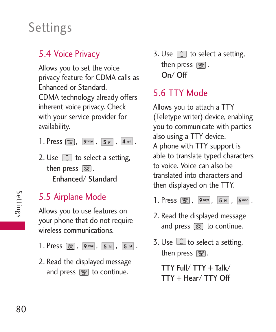 Settings, 4 voice privacy, 5 airplane mode | 6 tty mode | LG BANTER UX265G User Manual | Page 82 / 124