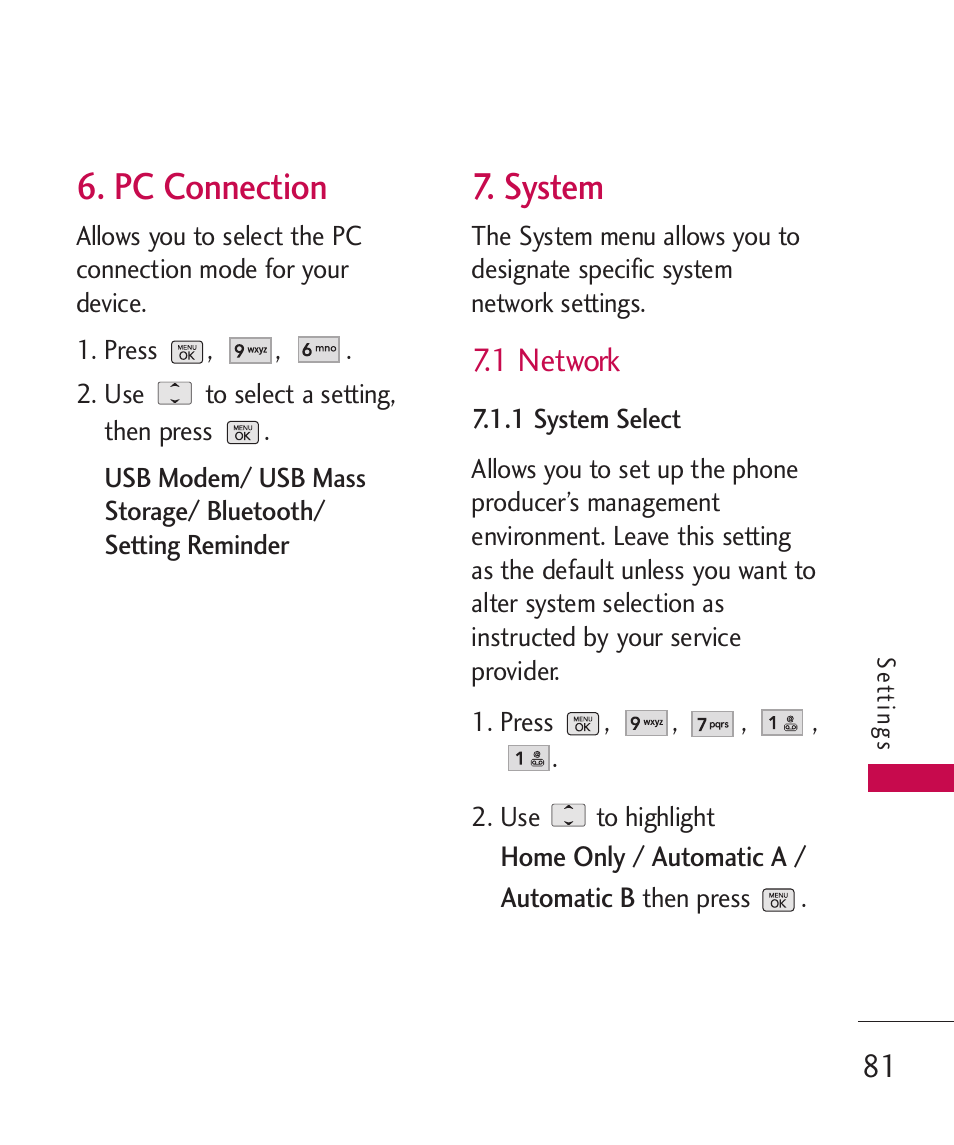 Pc connection, System, 1 network | LG BANTER UX265G User Manual | Page 83 / 124