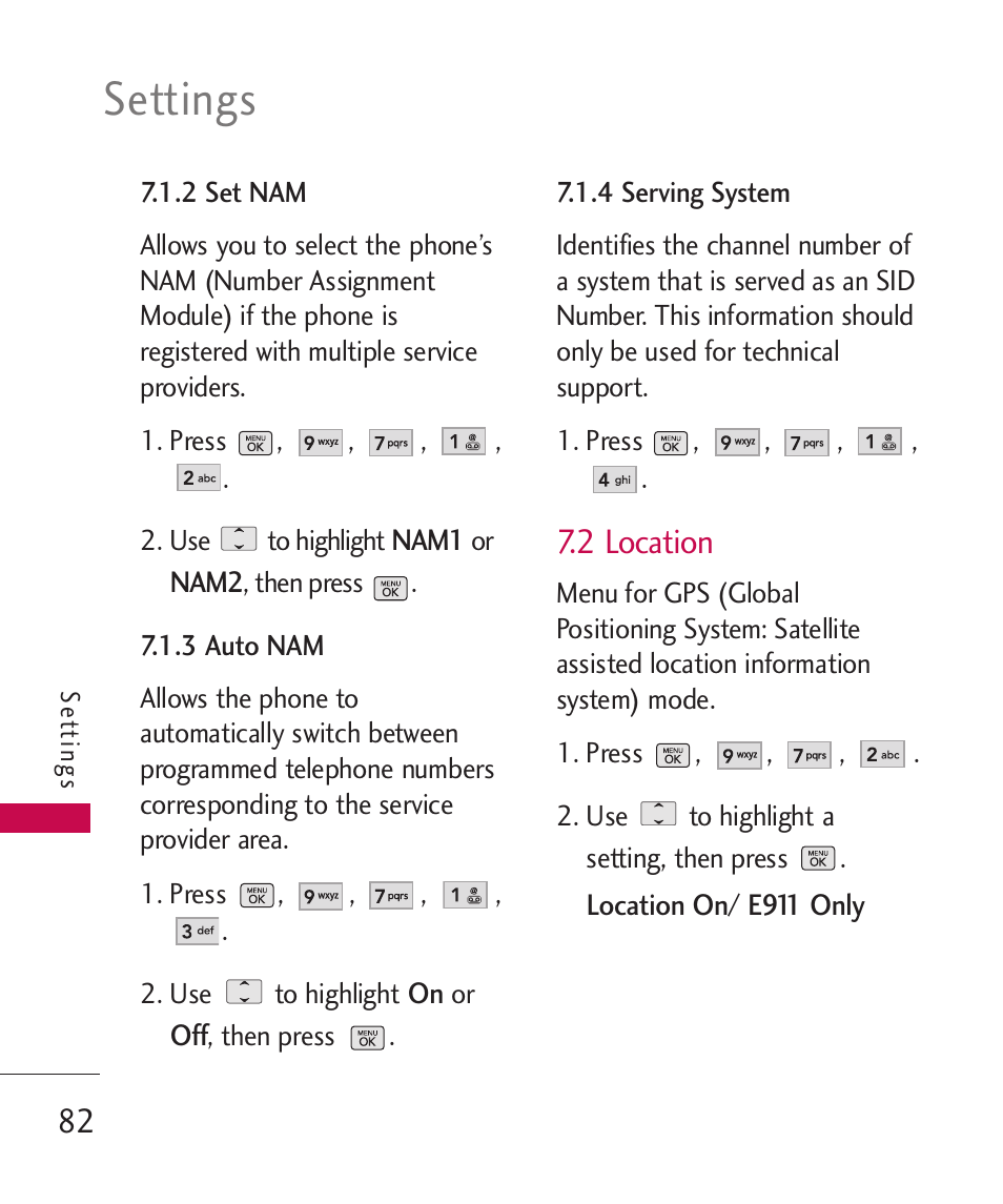 Settings, 2 location | LG BANTER UX265G User Manual | Page 84 / 124