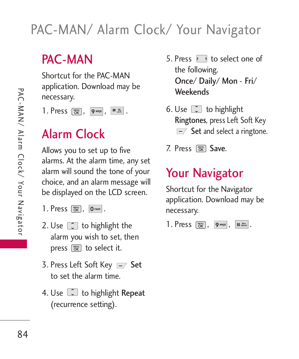 Pac-man/ alarm clock/ your navigator, Pac-man, Alarm clock | Your navigator | LG BANTER UX265G User Manual | Page 86 / 124