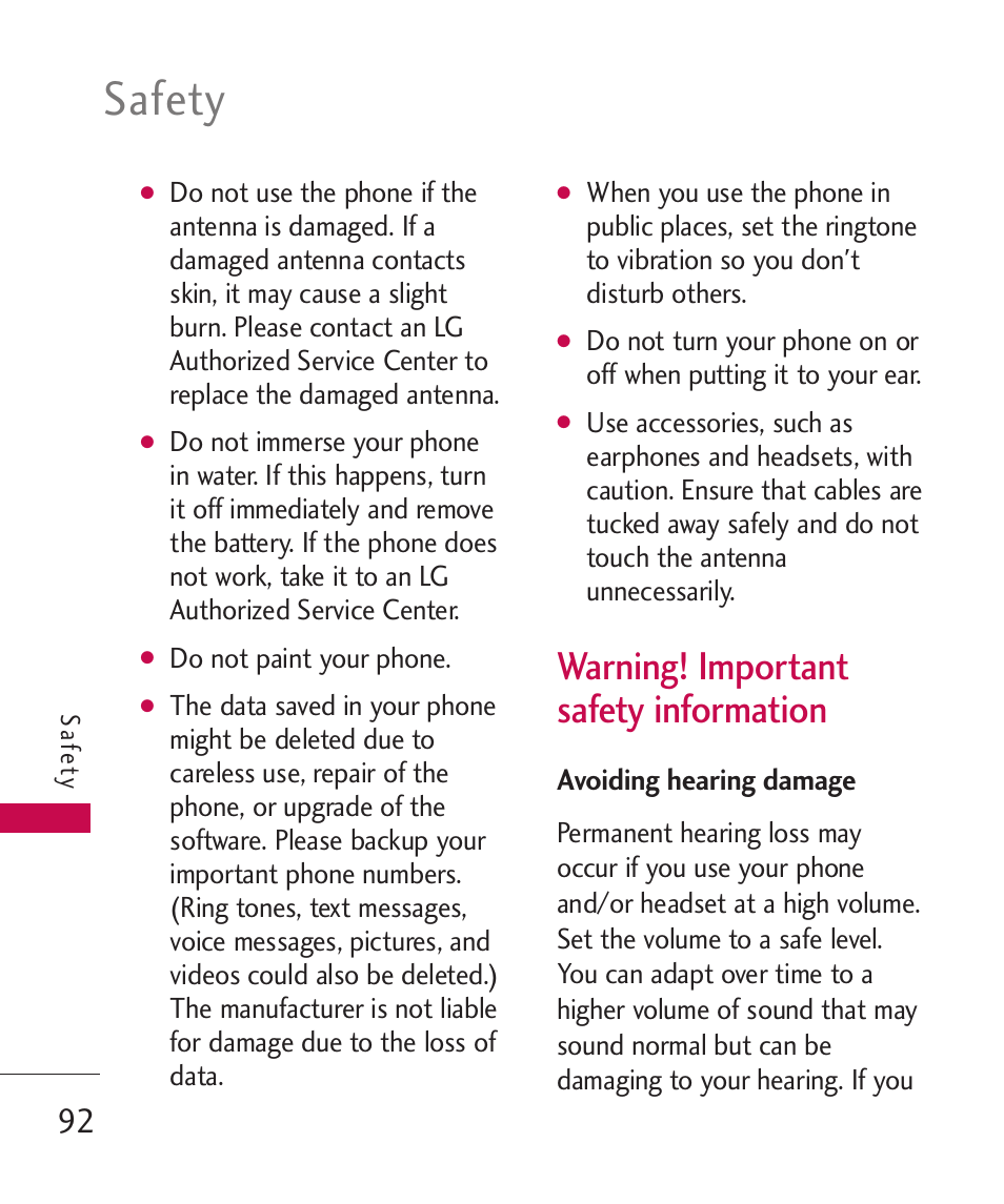 Safety, Warning! important safety information | LG BANTER UX265G User Manual | Page 94 / 124