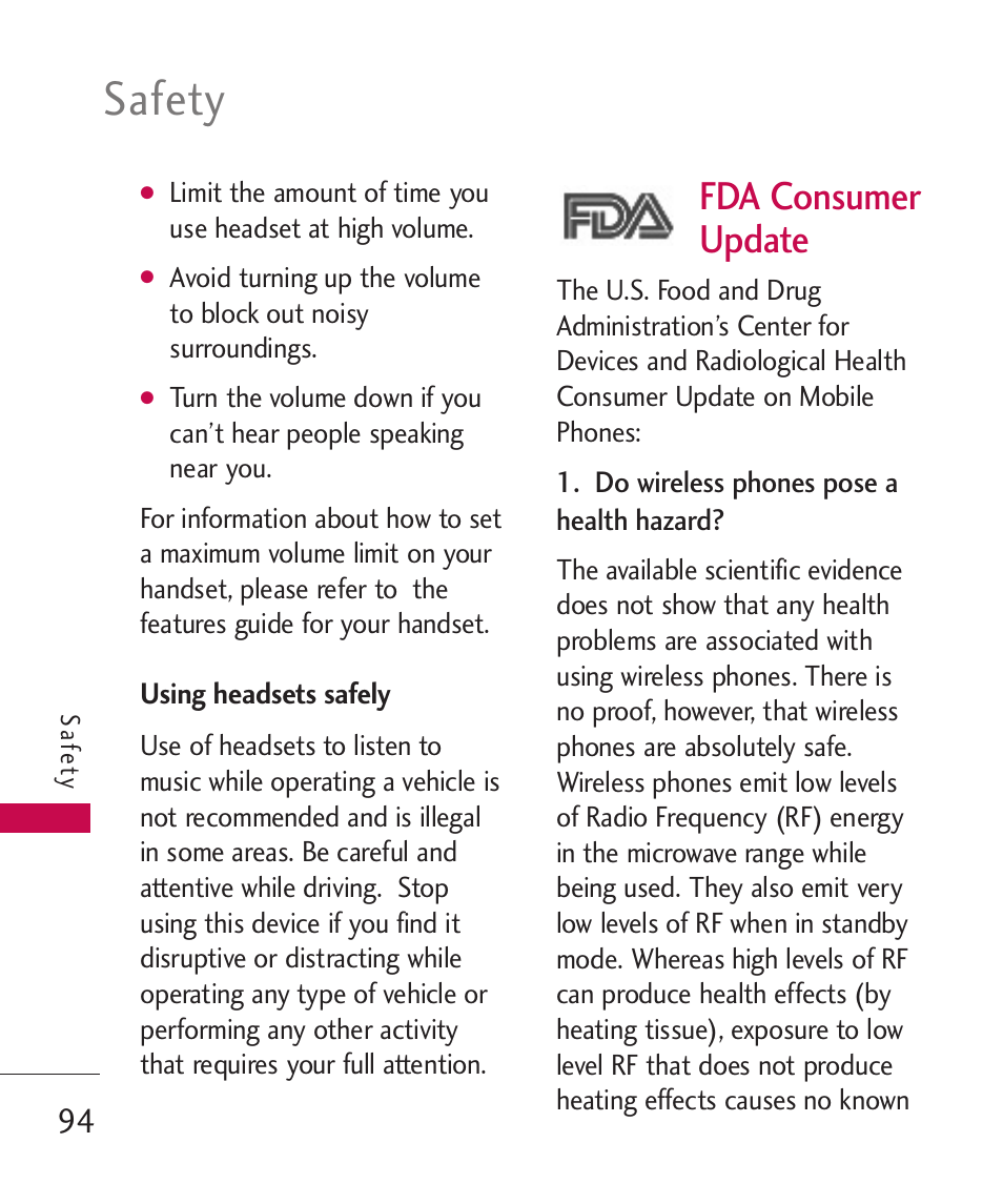 Safety, Fda consumer update | LG BANTER UX265G User Manual | Page 96 / 124