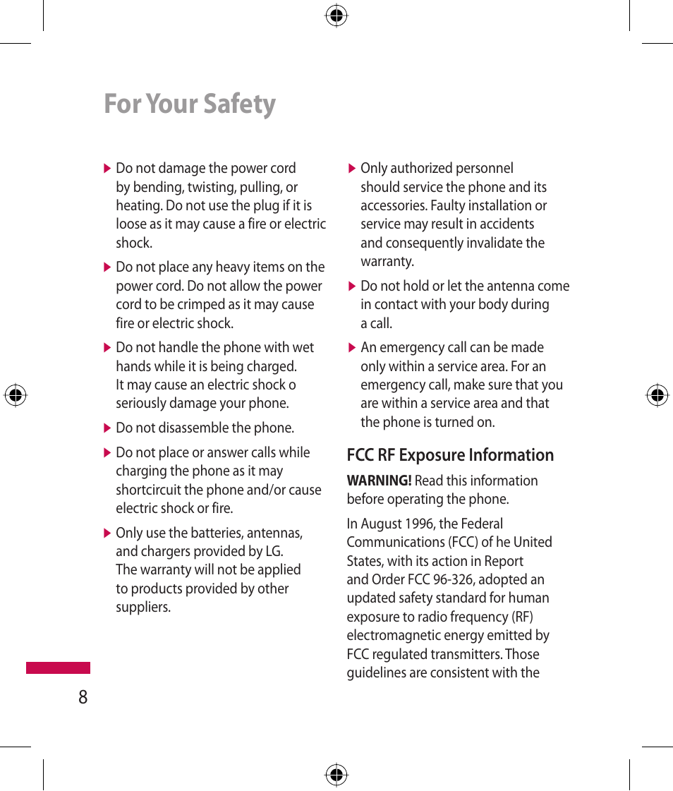 For your safety, Fcc rf exposure information | LG 600G User Manual | Page 10 / 204