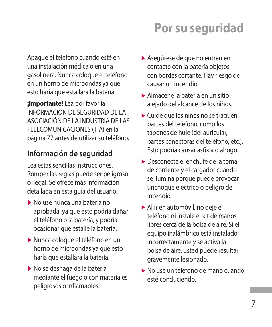 Por su seguridad, Información de seguridad | LG 600G User Manual | Page 103 / 204