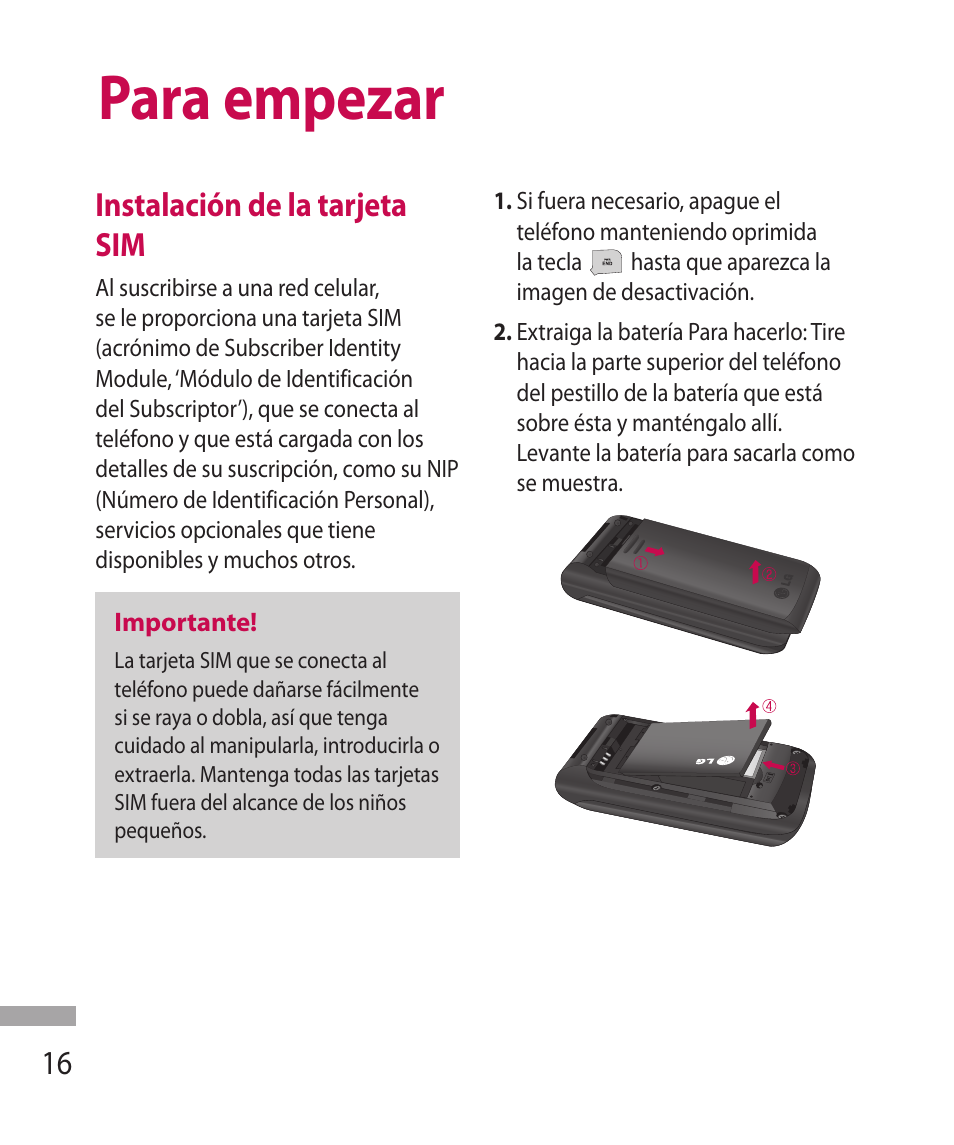 Para empezar, Instalación de la tarjeta sim | LG 600G User Manual | Page 112 / 204