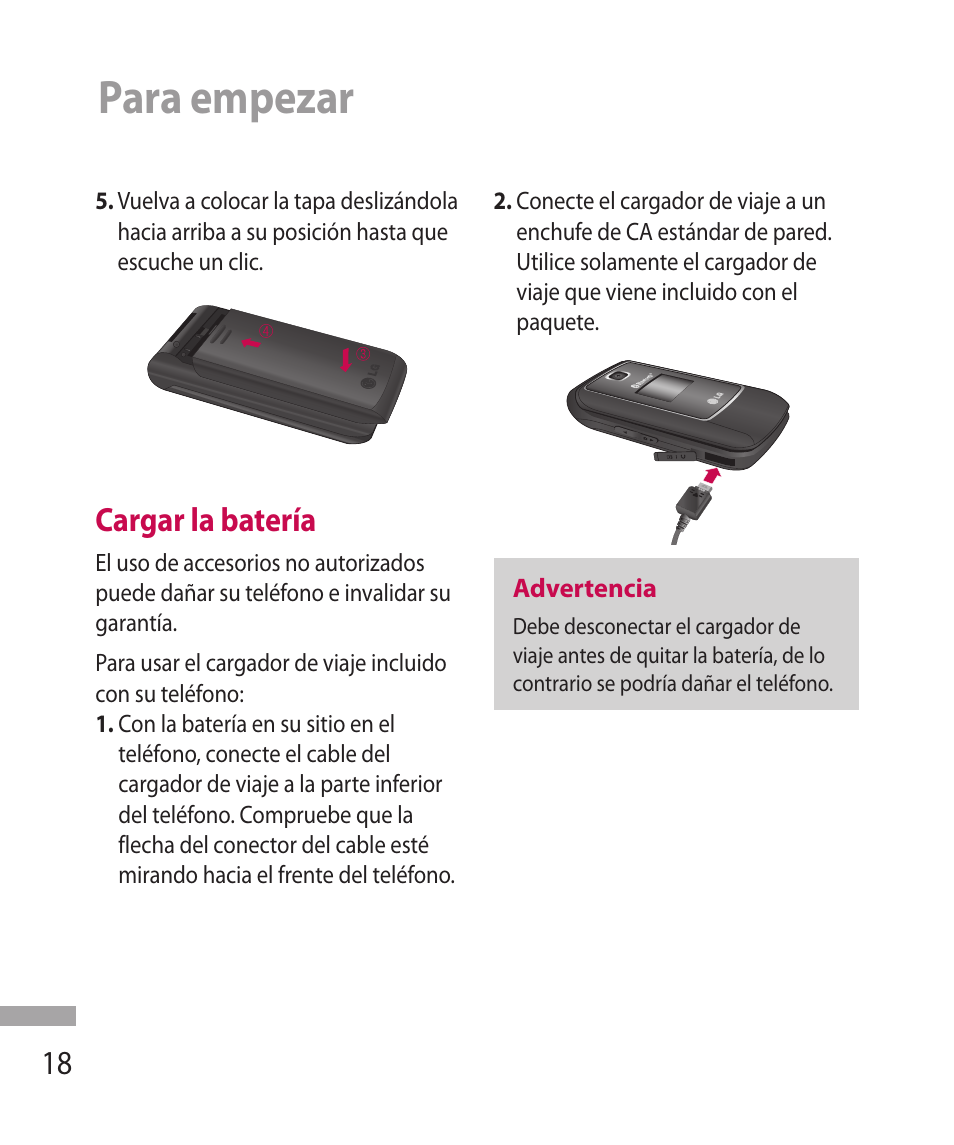 Para empezar, Cargar la batería | LG 600G User Manual | Page 114 / 204