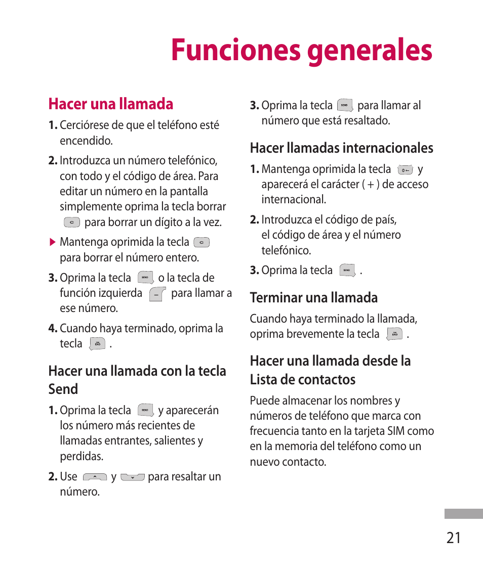 Funciones generales, Hacer una llamada | LG 600G User Manual | Page 117 / 204