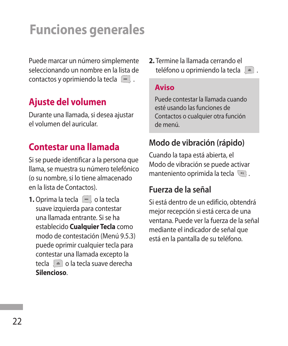 Funciones generales, Ajuste del volumen, Contestar una llamada | LG 600G User Manual | Page 118 / 204