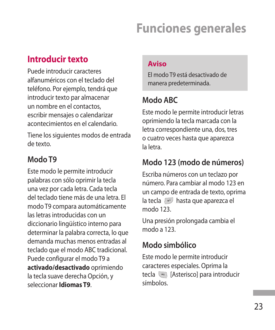 Funciones generales, Introducir texto | LG 600G User Manual | Page 119 / 204