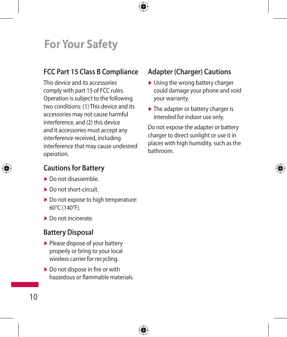 For your safety, Fcc part 15 class b compliance, Cautions for battery | Battery disposal, Adapter (charger) cautions | LG 600G User Manual | Page 12 / 204