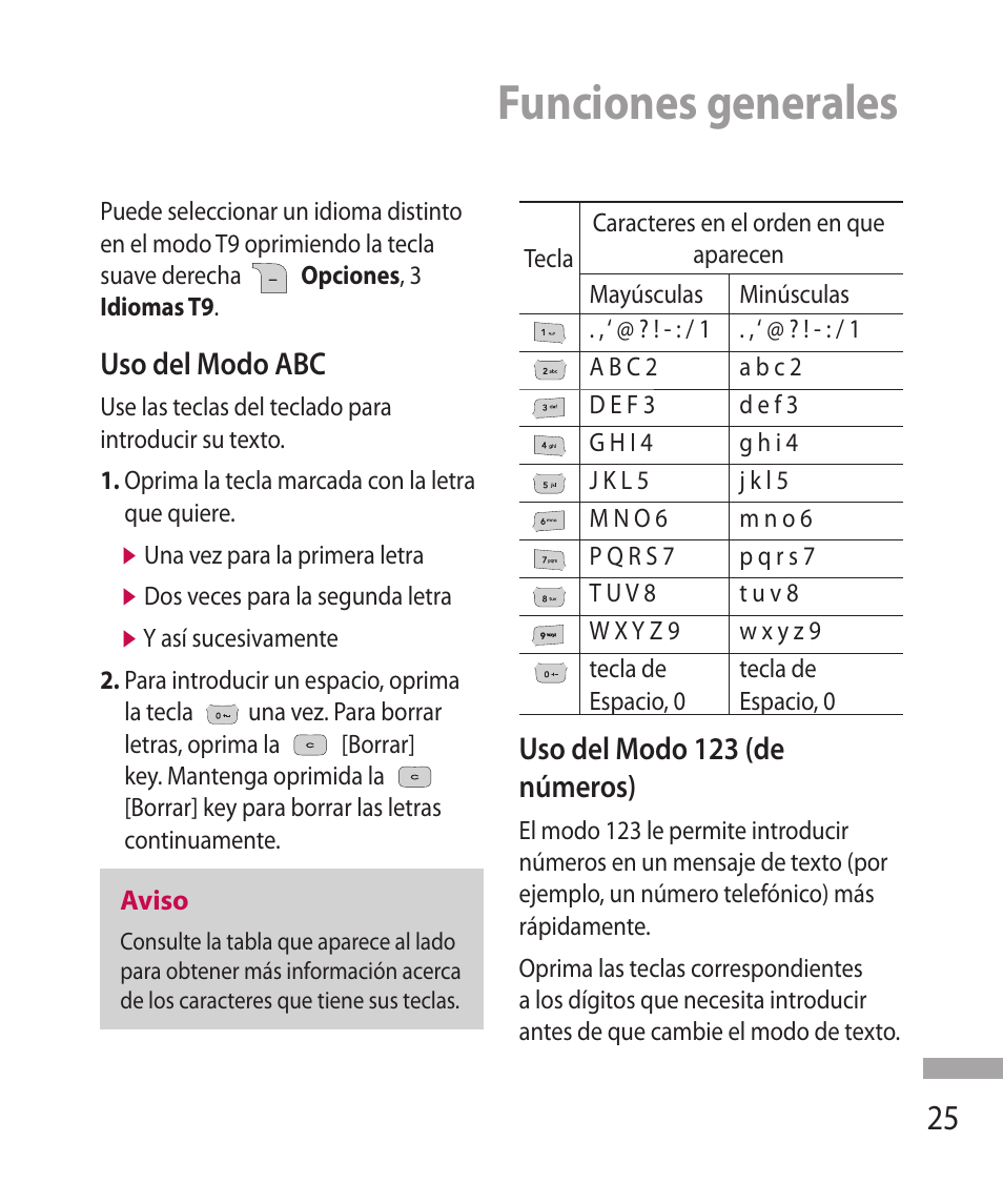 Funciones generales, Uso del modo abc, Uso del modo 123 (de números) | LG 600G User Manual | Page 121 / 204