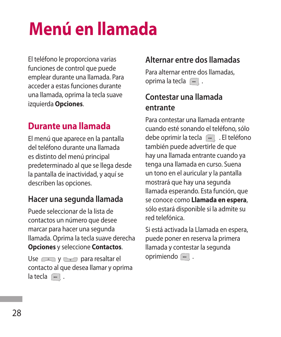 Menú en llamada, Durante una llamada | LG 600G User Manual | Page 124 / 204