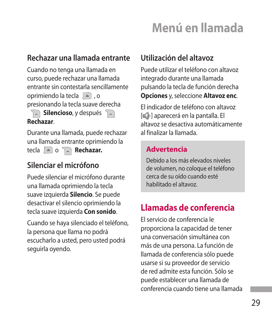 Menú en llamada, Llamadas de conferencia | LG 600G User Manual | Page 125 / 204