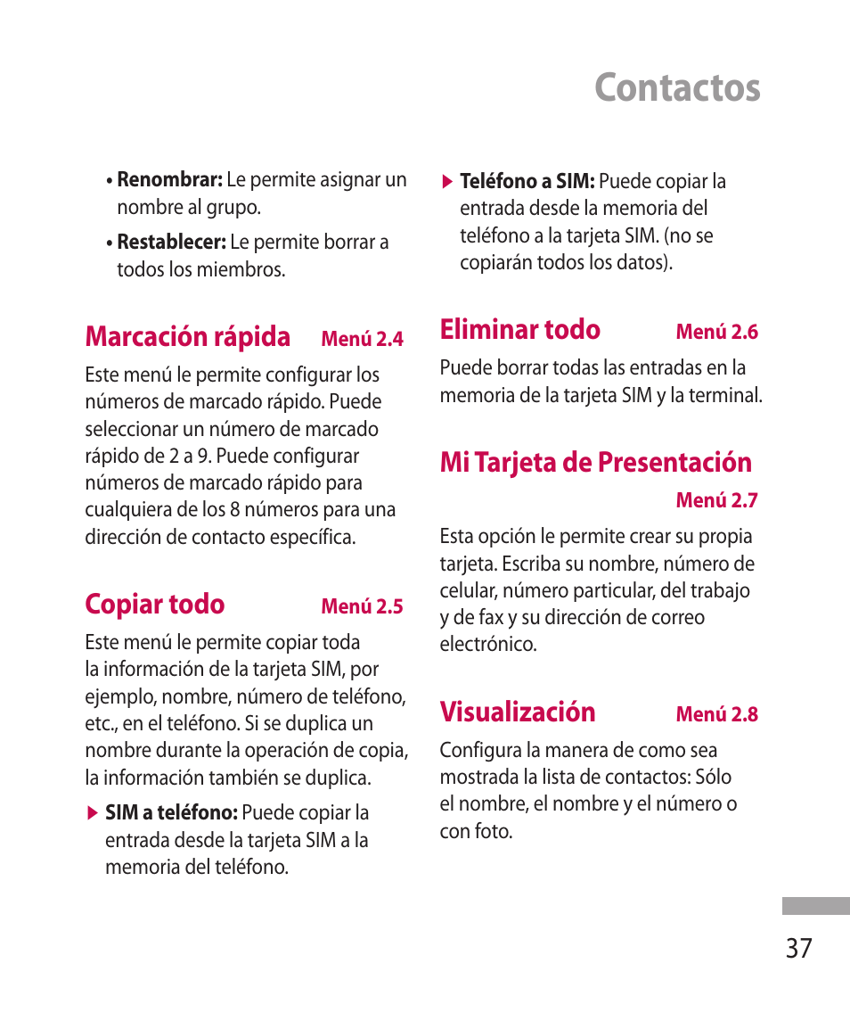 Contactos, Marcación rápida, Copiar todo | Eliminar todo, Mi tarjeta de presentación, Visualización | LG 600G User Manual | Page 133 / 204