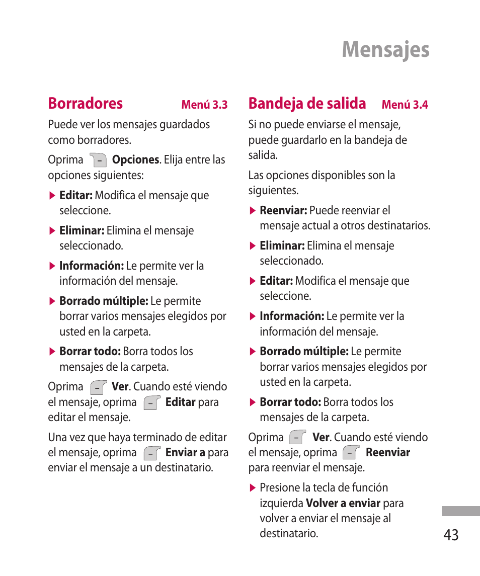 Mensajes, Borradores, Bandeja de salida | LG 600G User Manual | Page 139 / 204