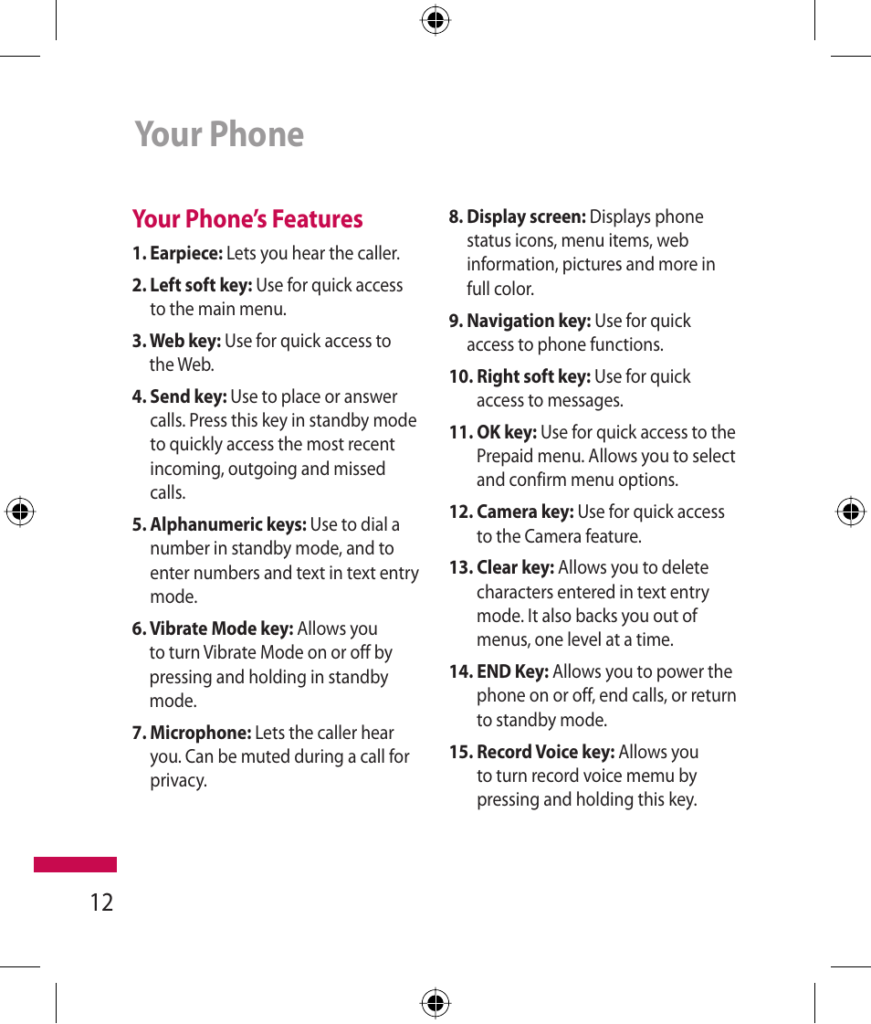 Your phone, 12 your phone’s features | LG 600G User Manual | Page 14 / 204