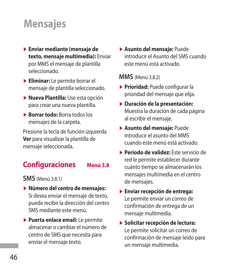 Mensajes, Configuraciones | LG 600G User Manual | Page 142 / 204