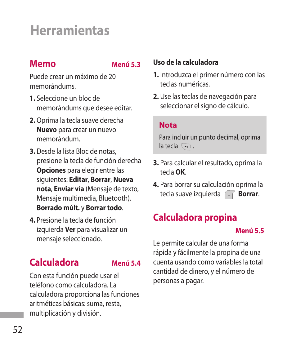 Herramientas, Calculadora, Calculadora propina | LG 600G User Manual | Page 148 / 204