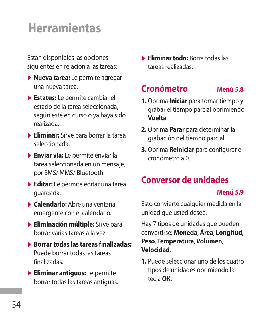 Herramientas, Cronómetro, Conversor de unidades | LG 600G User Manual | Page 150 / 204