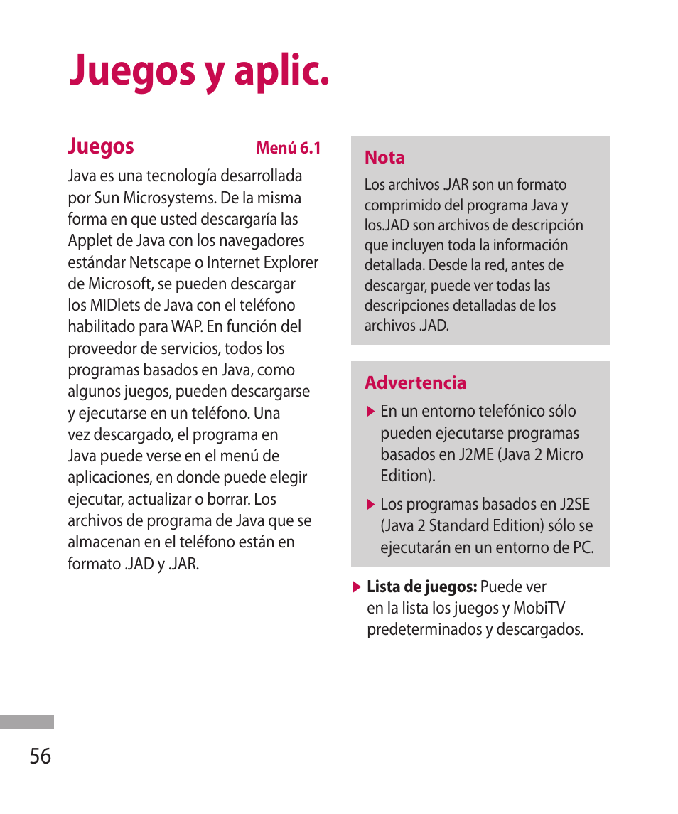 Juegos y aplic, 56 juegos | LG 600G User Manual | Page 152 / 204