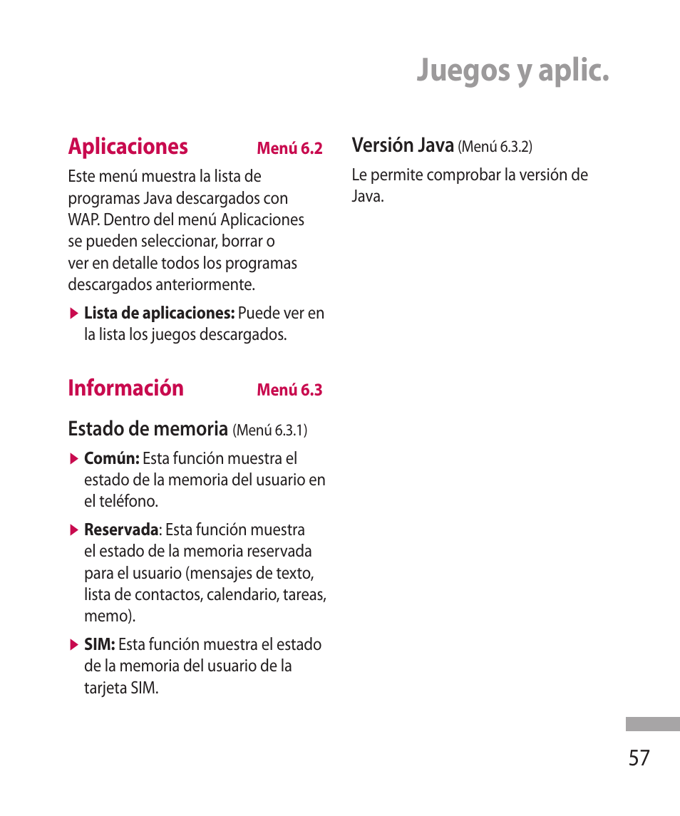 Juegos y aplic, Aplicaciones, Información | LG 600G User Manual | Page 153 / 204