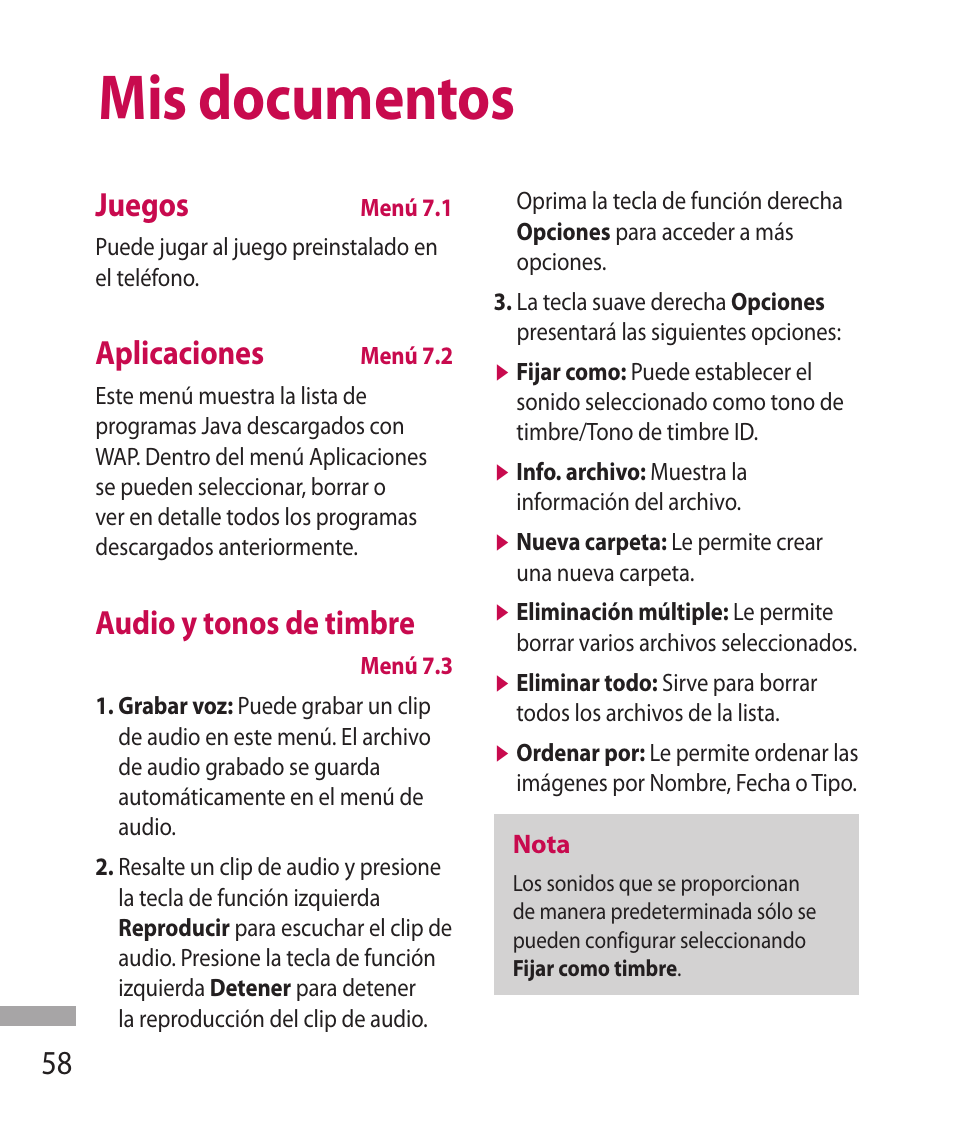 Mis documentos, Juegos, Aplicaciones | Audio y tonos de timbre | LG 600G User Manual | Page 154 / 204