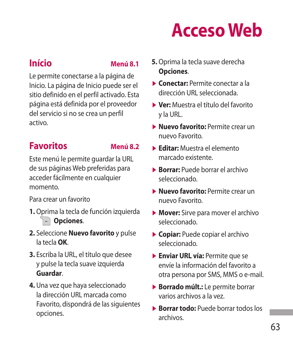 Acceso web, Início, Favoritos | LG 600G User Manual | Page 159 / 204