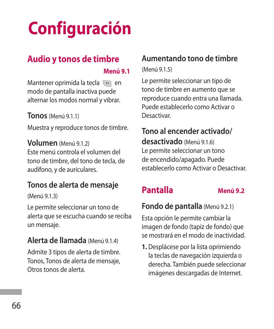 Configuración, Audio y tonos de timbre, Pantalla | LG 600G User Manual | Page 162 / 204