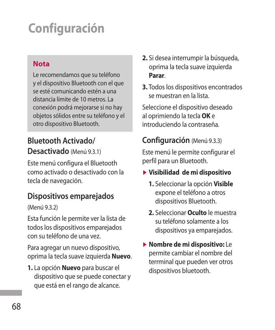 Configuración, Bluetooth activado/ desactivado, Dispositivos emparejados | LG 600G User Manual | Page 164 / 204