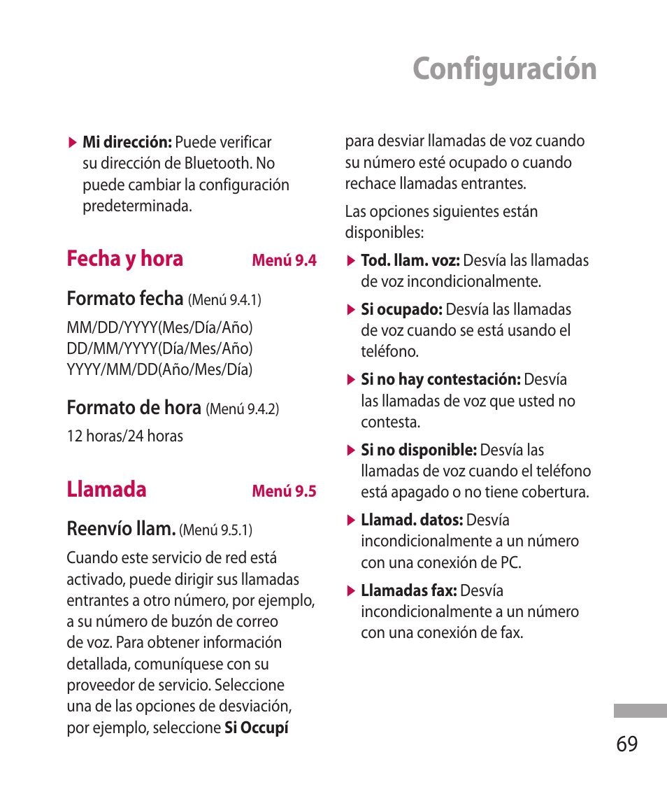 Configuración, Fecha y hora, Llamada | Formato fecha, Formato de hora, Reenvío llam | LG 600G User Manual | Page 165 / 204