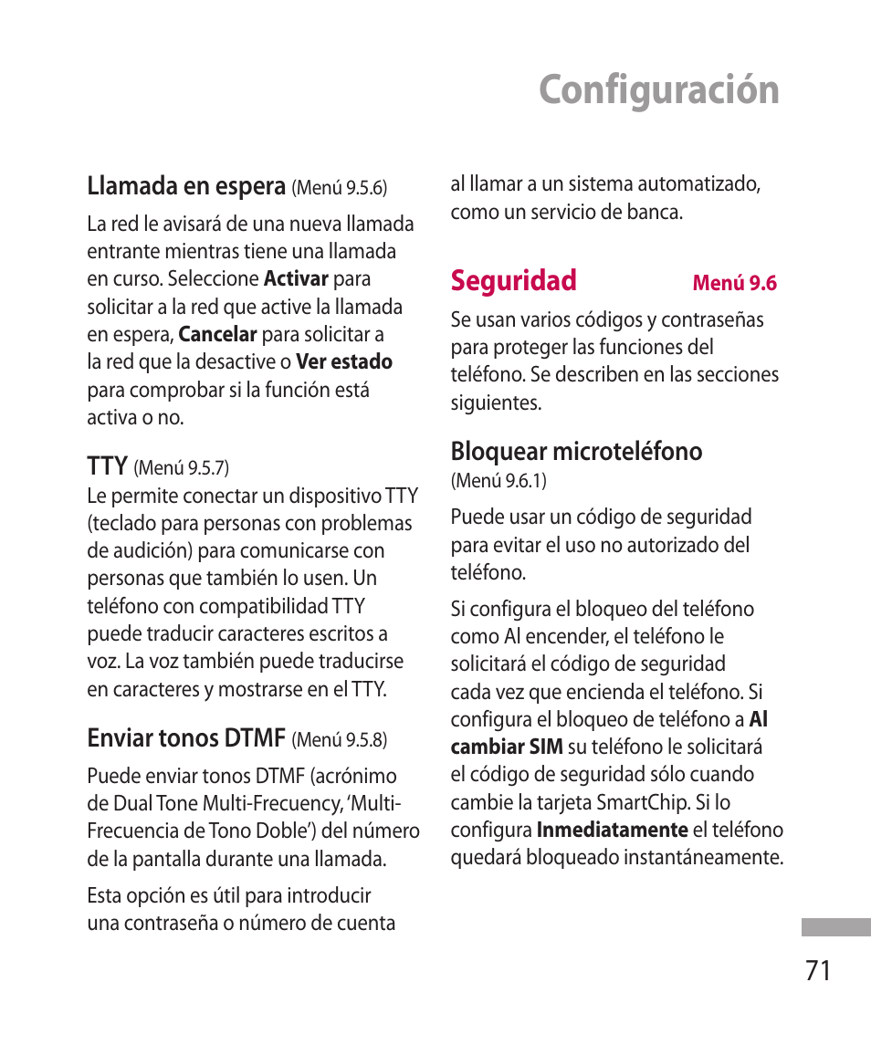 Configuración, Seguridad | LG 600G User Manual | Page 167 / 204