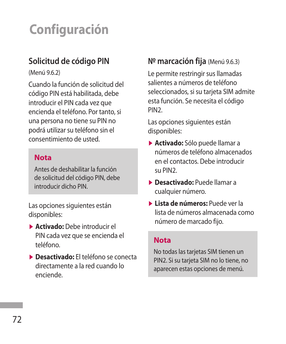 Configuración, Solicitud de código pin, Marcación fija | LG 600G User Manual | Page 168 / 204