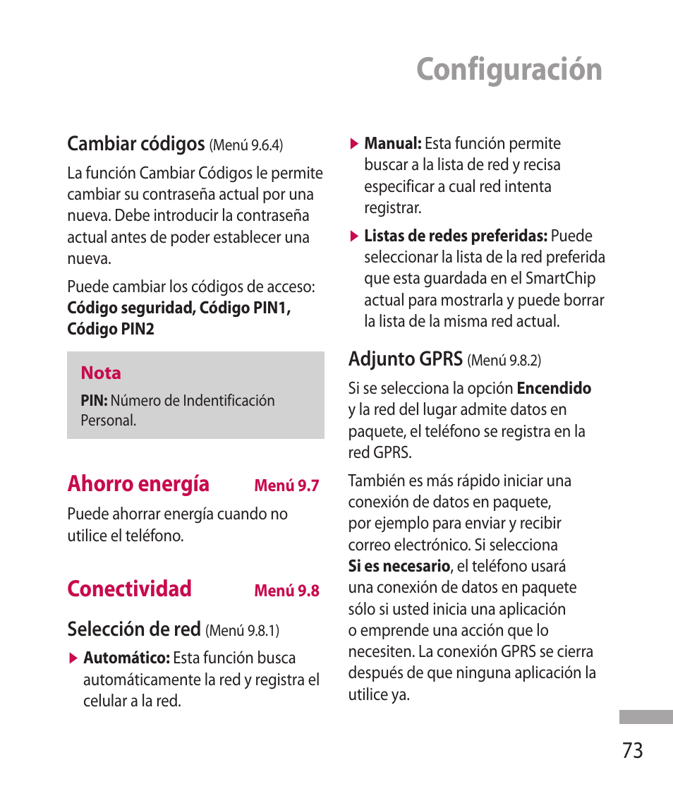 Configuración, Ahorro energía, Conectividad | LG 600G User Manual | Page 169 / 204