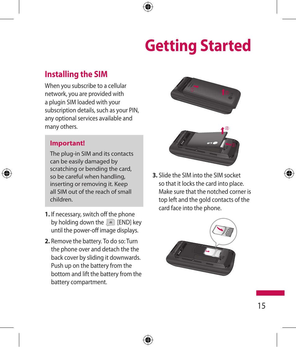 Getting started, Installing the sim | LG 600G User Manual | Page 17 / 204