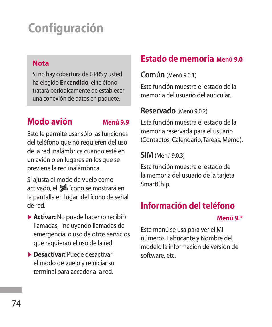 Configuración, Modo avión, Información del teléfono | LG 600G User Manual | Page 170 / 204