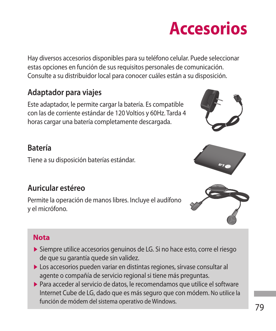 Accesorios | LG 600G User Manual | Page 175 / 204