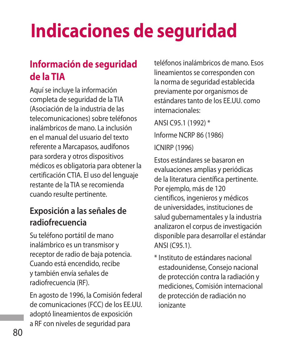 Indicaciones de seguridad, Información de seguridad de la tia | LG 600G User Manual | Page 176 / 204