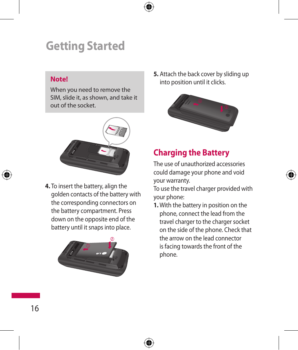 Getting started, Charging the battery | LG 600G User Manual | Page 18 / 204