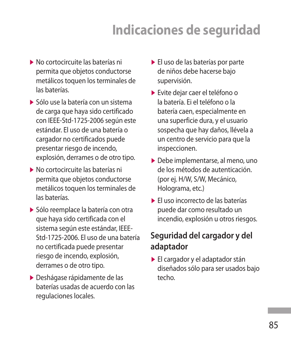 Indicaciones de seguridad, Seguridad del cargador y del adaptador | LG 600G User Manual | Page 181 / 204