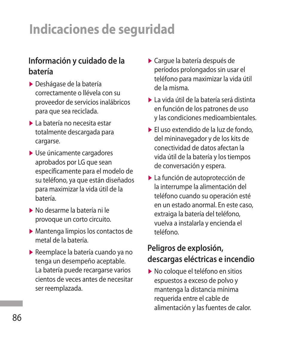 Indicaciones de seguridad, Información y cuidado de la batería | LG 600G User Manual | Page 182 / 204