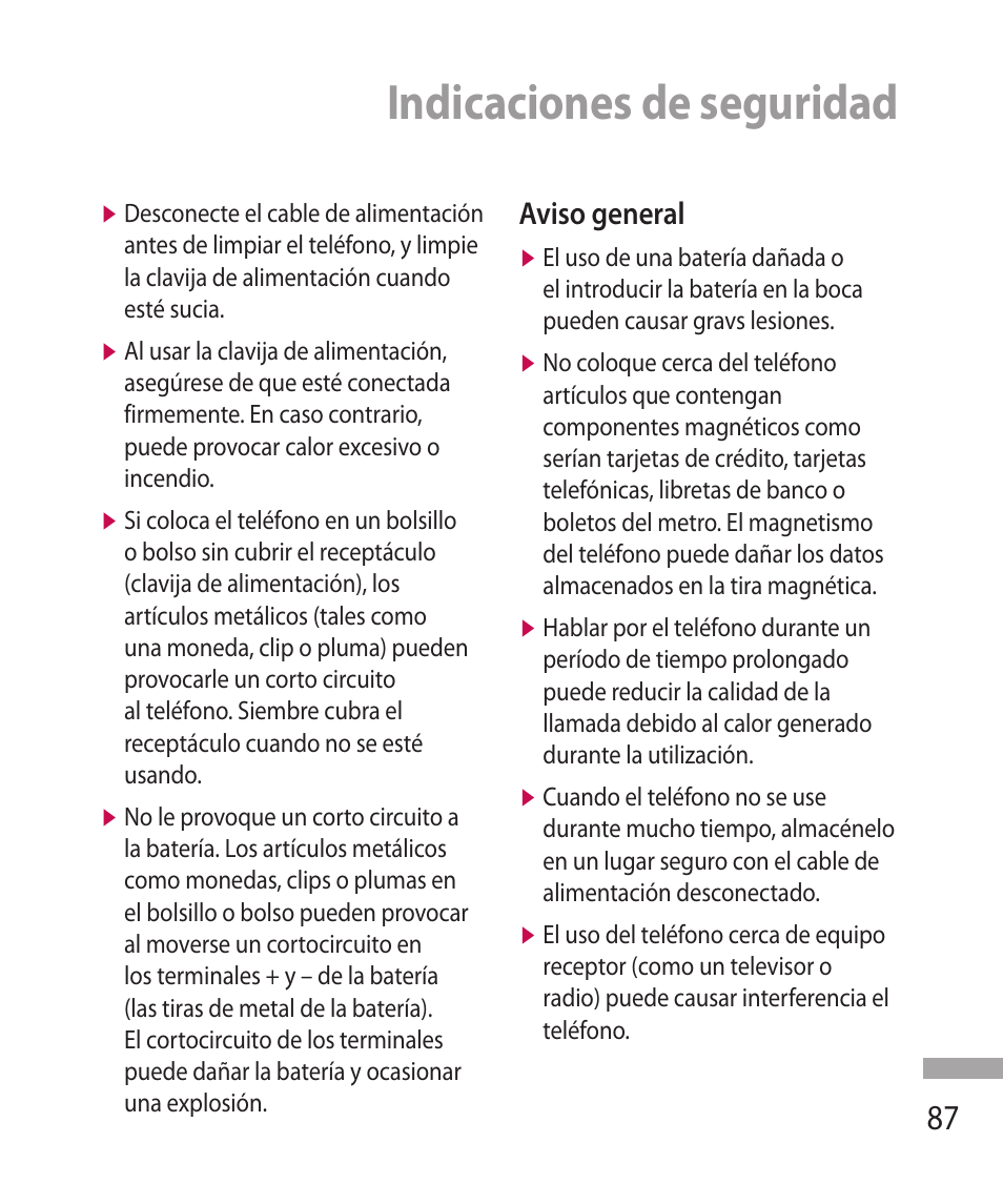 Indicaciones de seguridad, Aviso general | LG 600G User Manual | Page 183 / 204