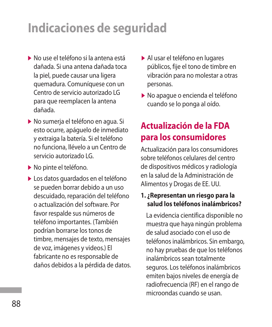 Indicaciones de seguridad, Actualización de la fda para los consumidores | LG 600G User Manual | Page 184 / 204